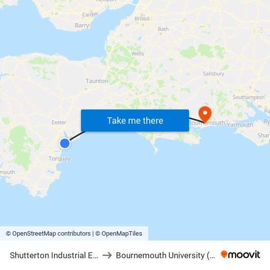 Shutterton Industrial Estate, Dawlish to Bournemouth University (Talbot Campus) map