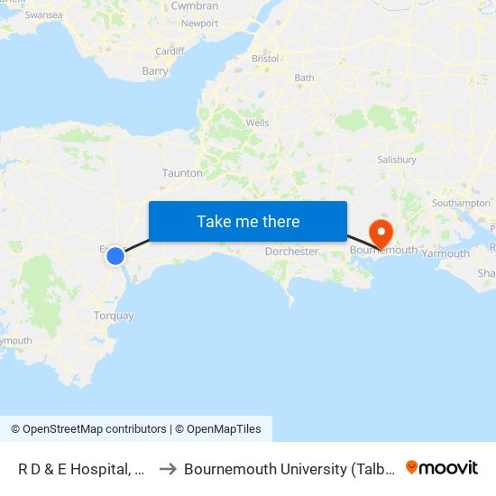 R D & E Hospital, Wonford to Bournemouth University (Talbot Campus) map