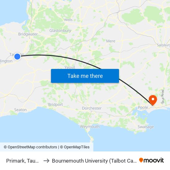 Primark, Taunton to Bournemouth University (Talbot Campus) map