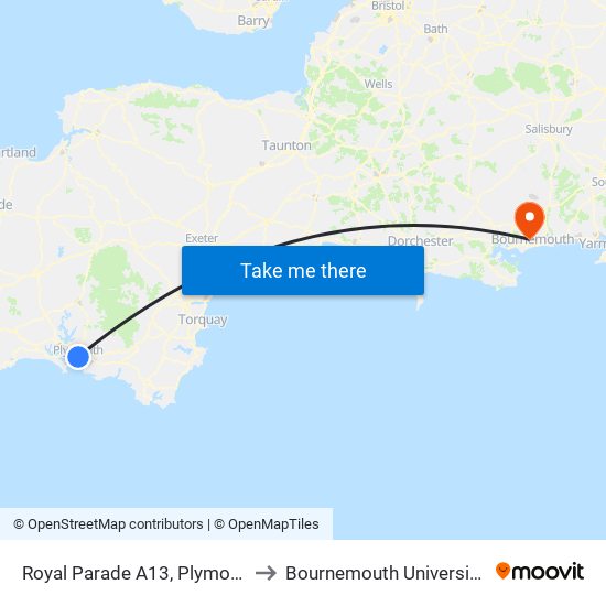 Royal Parade A13, Plymouth City Centre (A13) to Bournemouth University (Talbot Campus) map