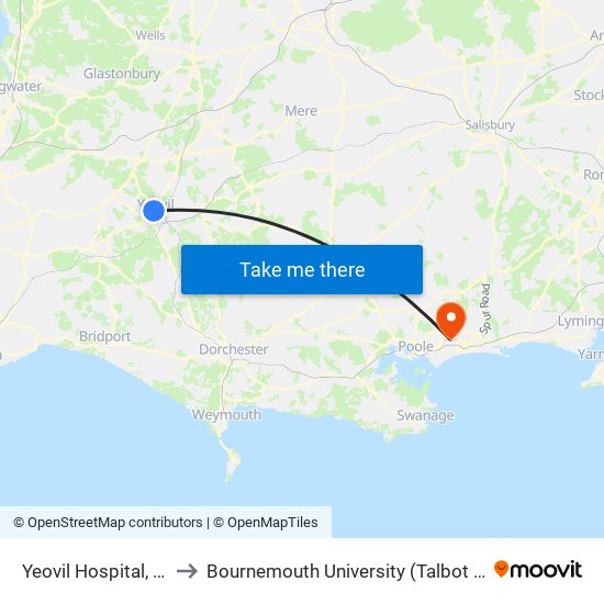 Yeovil Hospital, Yeovil to Bournemouth University (Talbot Campus) map