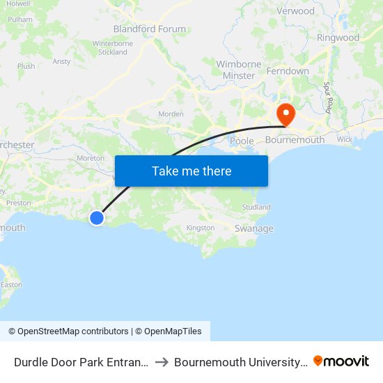 Durdle Door Park Entrance, West Lulworth to Bournemouth University (Talbot Campus) map