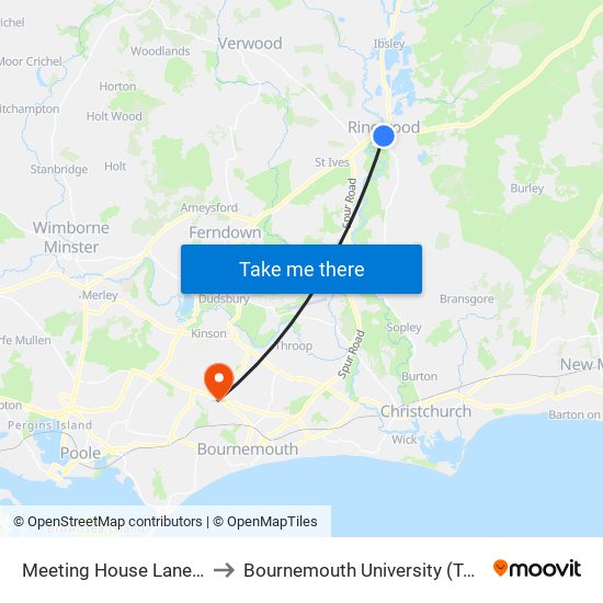 Meeting House Lane, Ringwood to Bournemouth University (Talbot Campus) map