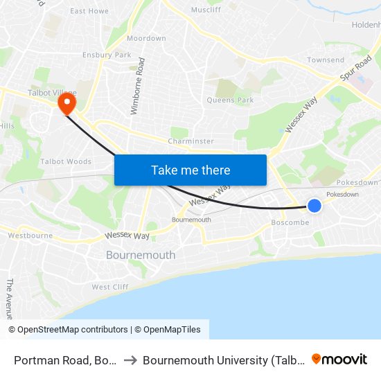 Portman Road, Boscombe to Bournemouth University (Talbot Campus) map