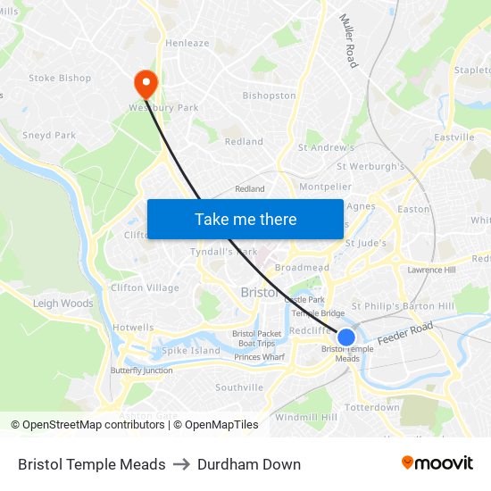 Bristol Temple Meads to Durdham Down map