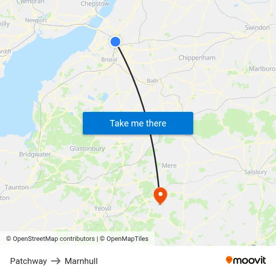 Patchway to Marnhull map