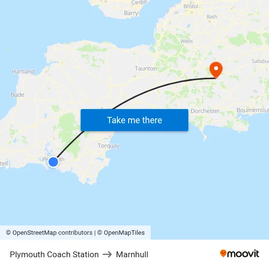 Plymouth Coach Station to Marnhull map