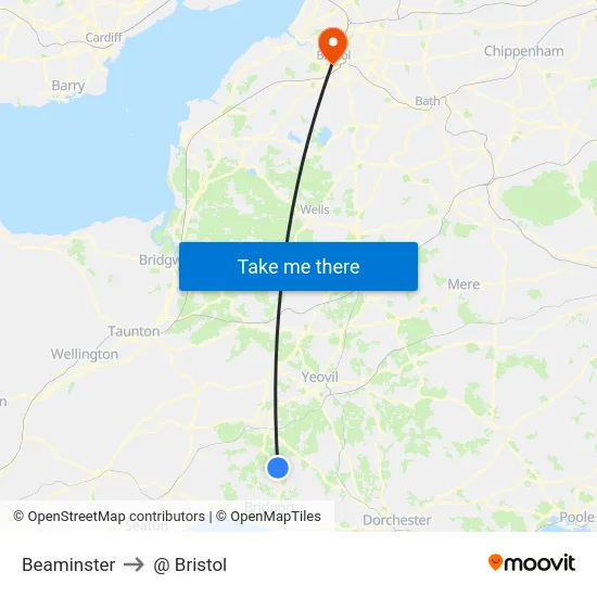 Beaminster to @ Bristol map