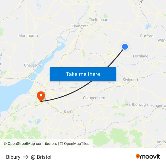 Bibury to @ Bristol map