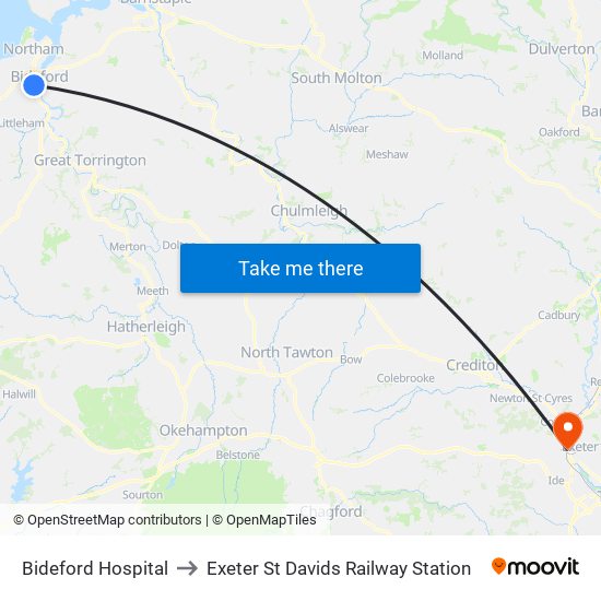 Bideford Hospital to Exeter St Davids Railway Station map