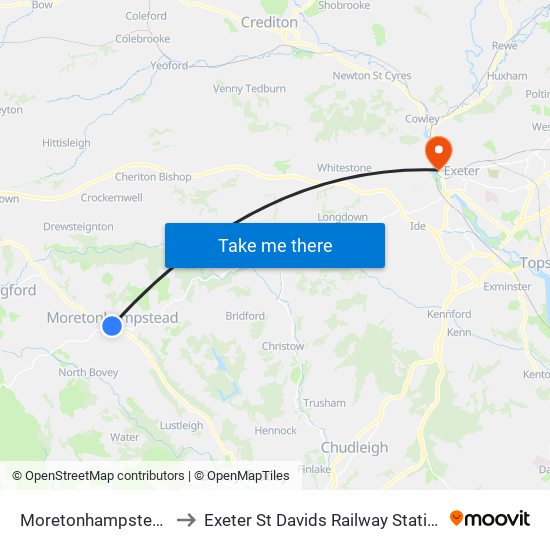 Moretonhampstead to Exeter St Davids Railway Station map