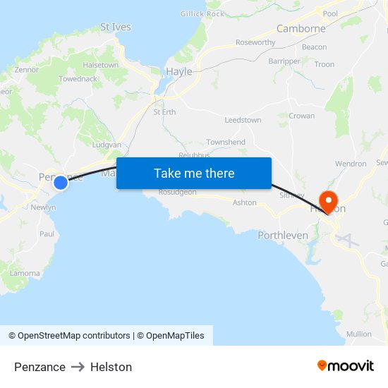 Penzance to Helston map