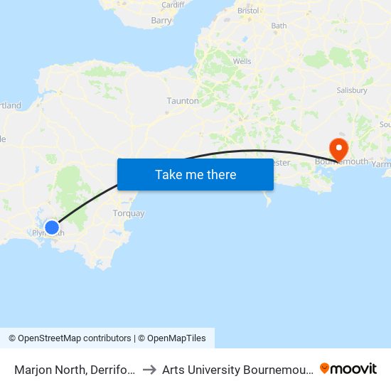 Marjon North, Derriford to Arts University Bournemouth map