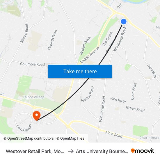 Westover Retail Park, Moordown to Arts University Bournemouth map