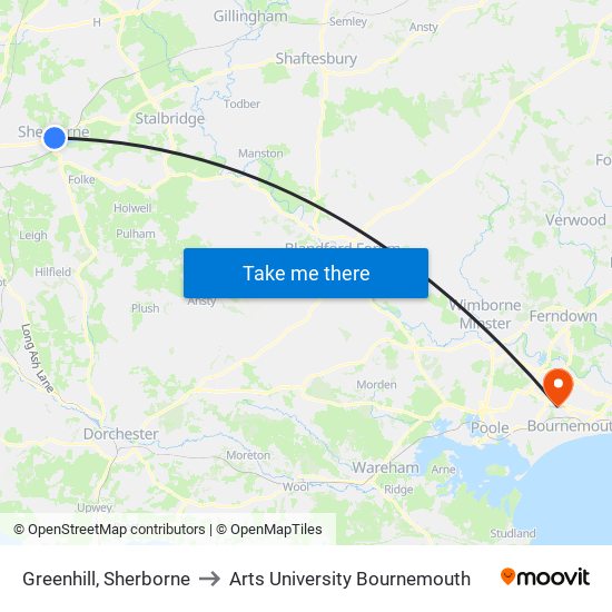 Greenhill, Sherborne to Arts University Bournemouth map