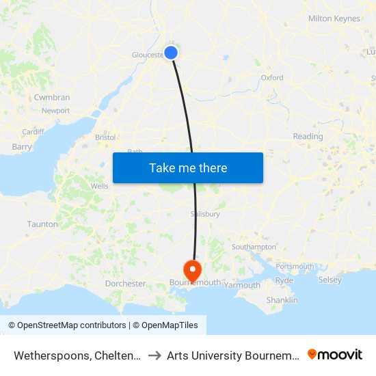 Wetherspoons, Cheltenham to Arts University Bournemouth map