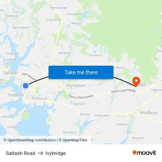 Saltash Road to Ivybridge map