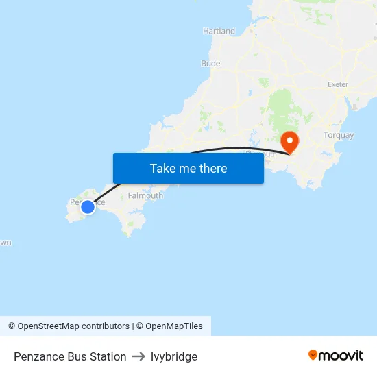 Penzance Bus Station to Ivybridge map