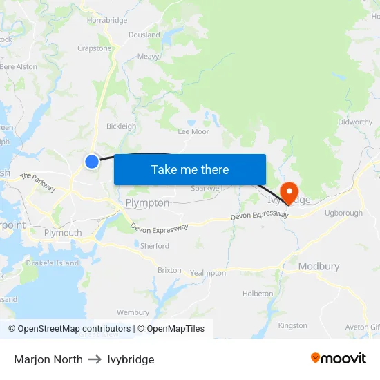 Marjon North to Ivybridge map