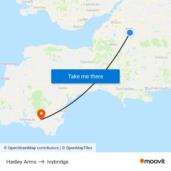 Hadley Arms to Ivybridge map