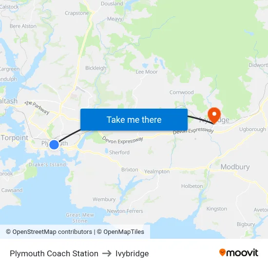 Plymouth Coach Station to Ivybridge map