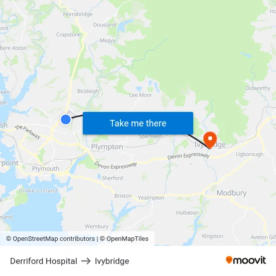 Derriford Hospital to Ivybridge map