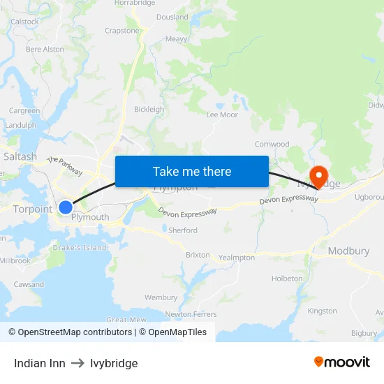 Indian Inn to Ivybridge map