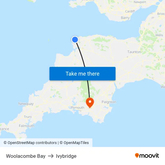 Woolacombe Bay to Ivybridge map