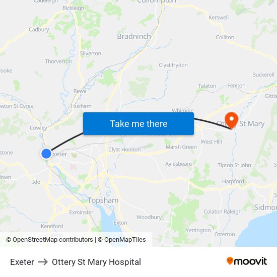Exeter to Ottery St Mary Hospital map