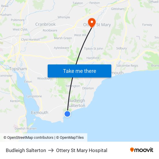 Budleigh Salterton to Ottery St Mary Hospital map