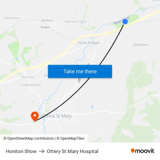 Honiton Show to Ottery St Mary Hospital map