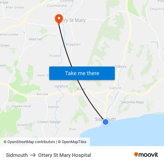 Sidmouth to Ottery St Mary Hospital map