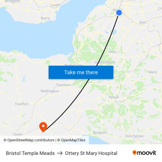 Bristol Temple Meads to Ottery St Mary Hospital map