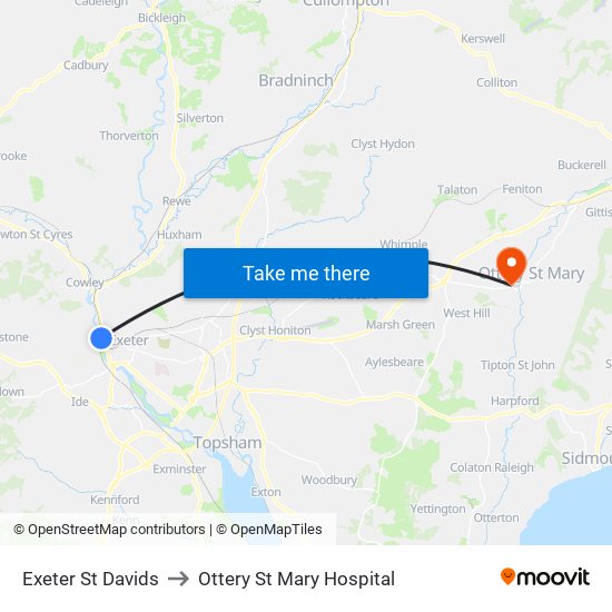 Exeter St Davids to Ottery St Mary Hospital map