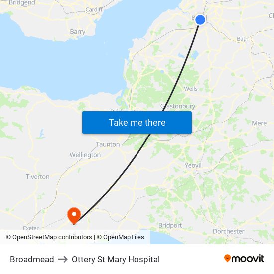 Broadmead to Ottery St Mary Hospital map