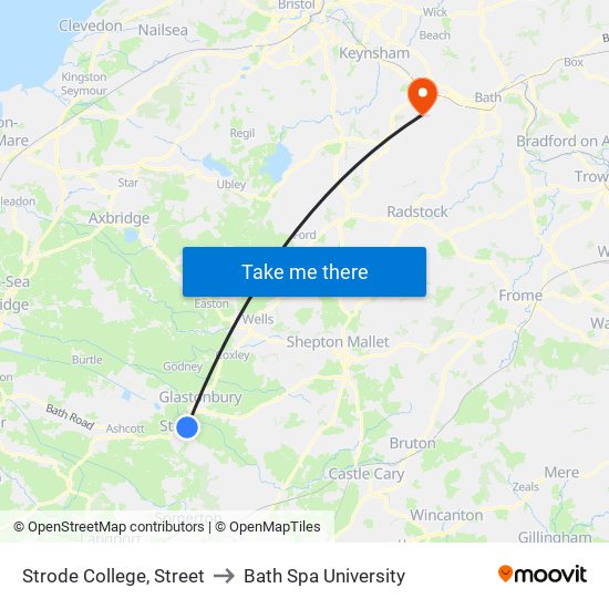 Strode College, Street to Bath Spa University map