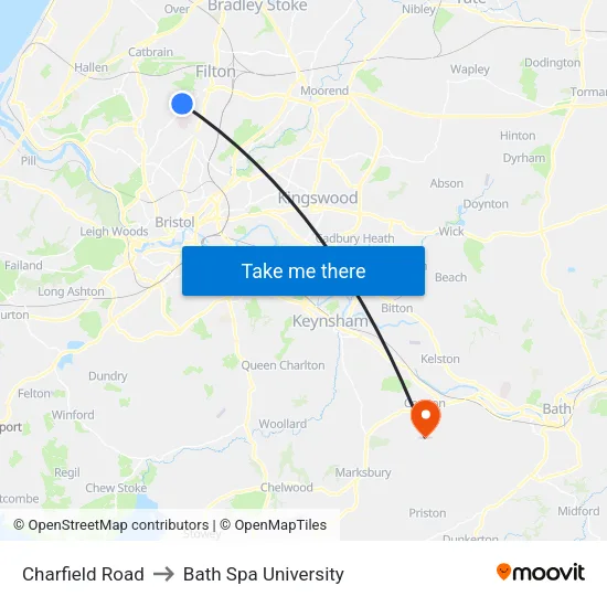 Charfield Road to Bath Spa University map