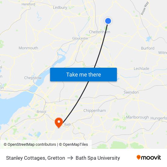 Stanley Cottages, Gretton to Bath Spa University map