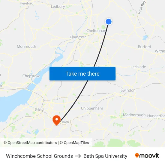 Winchcombe School Grounds to Bath Spa University map
