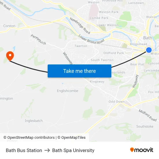 Bath Bus Station to Bath Spa University map