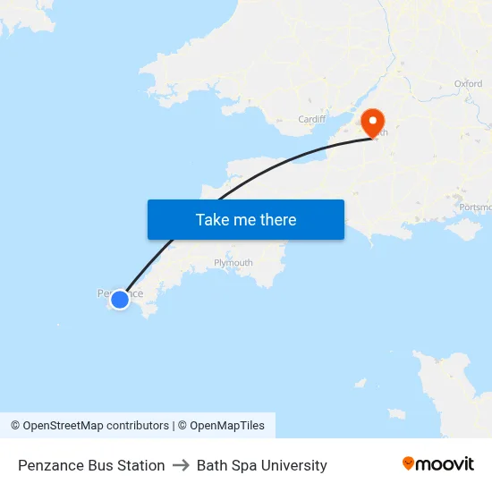 Penzance Bus Station to Bath Spa University map