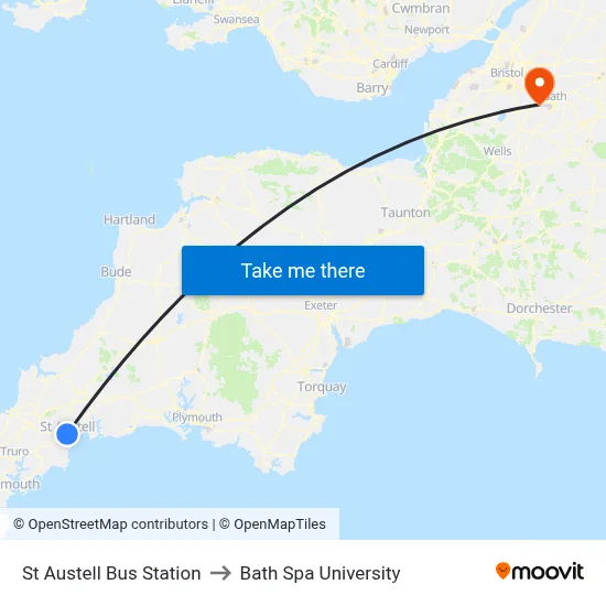 St Austell Bus Station to Bath Spa University map