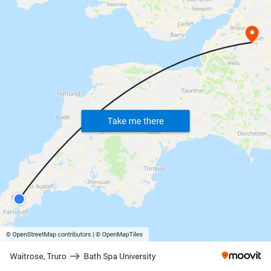 Waitrose, Truro to Bath Spa University map