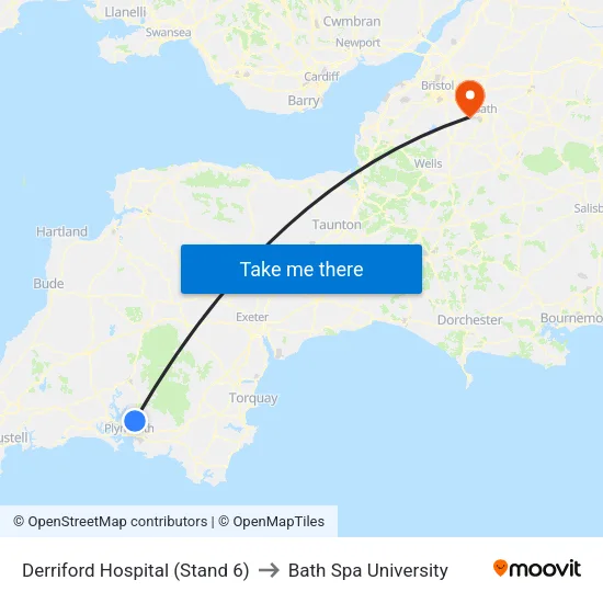 Derriford Hospital to Bath Spa University map