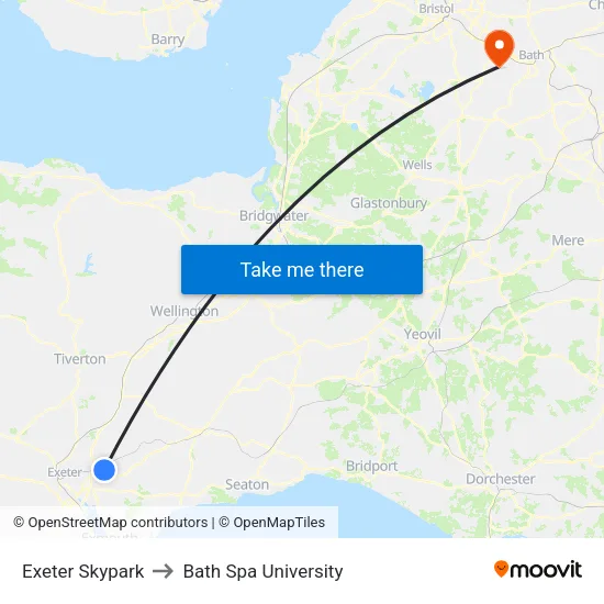 Exeter Skypark to Bath Spa University map