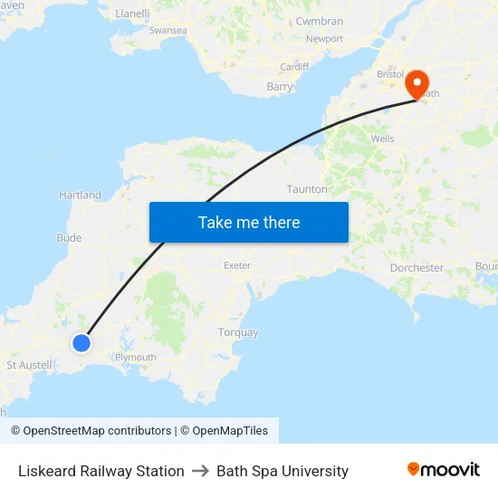 Liskeard Railway Station to Bath Spa University map