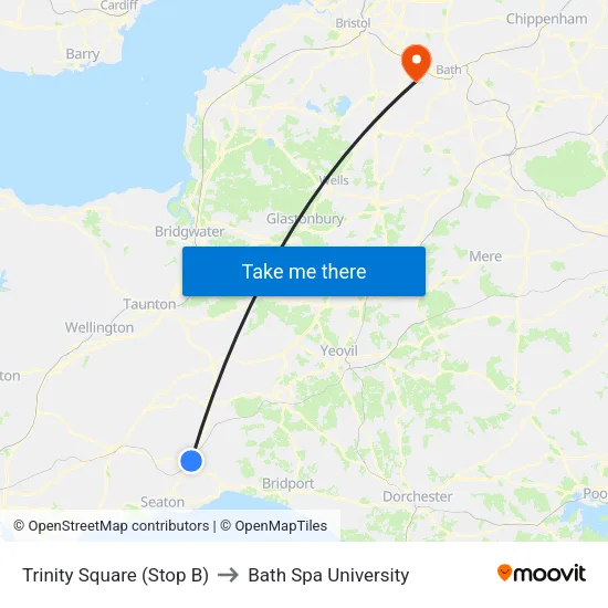 Trinity Square to Bath Spa University map