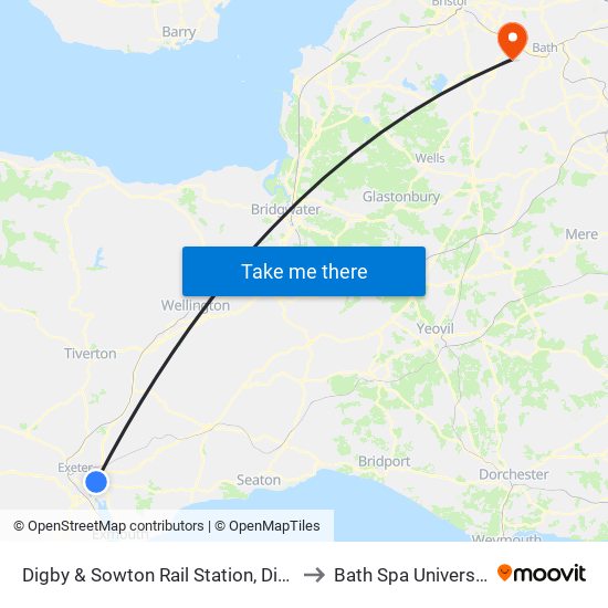 Digby & Sowton Rail Station, Digby to Bath Spa University map