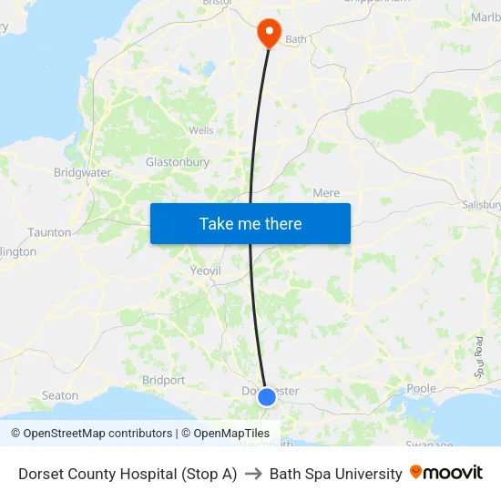 Dorset County Hospital to Bath Spa University map