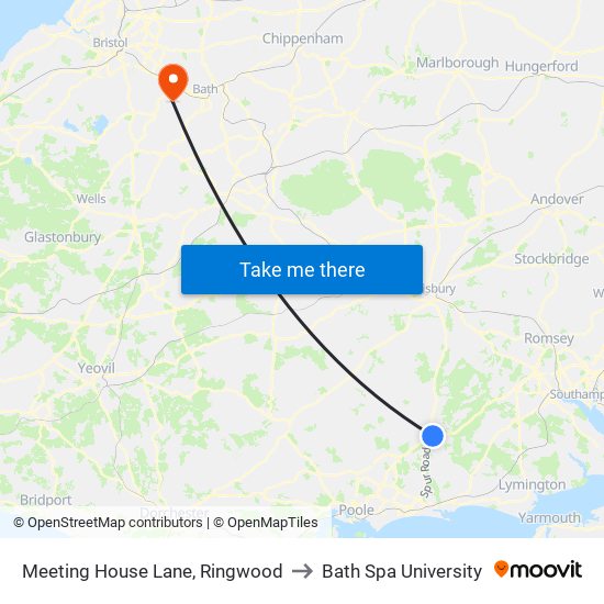 Meeting House Lane, Ringwood to Bath Spa University map